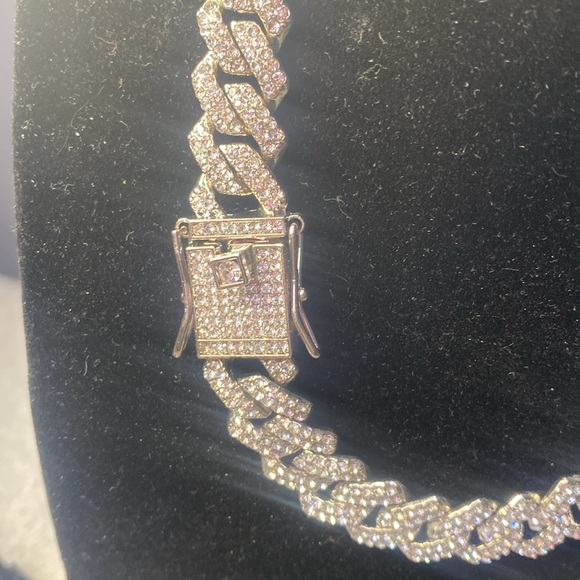 Iced Out Cuban Chain Necklace Silver Tone, 16 inches - Picture 5 of 5